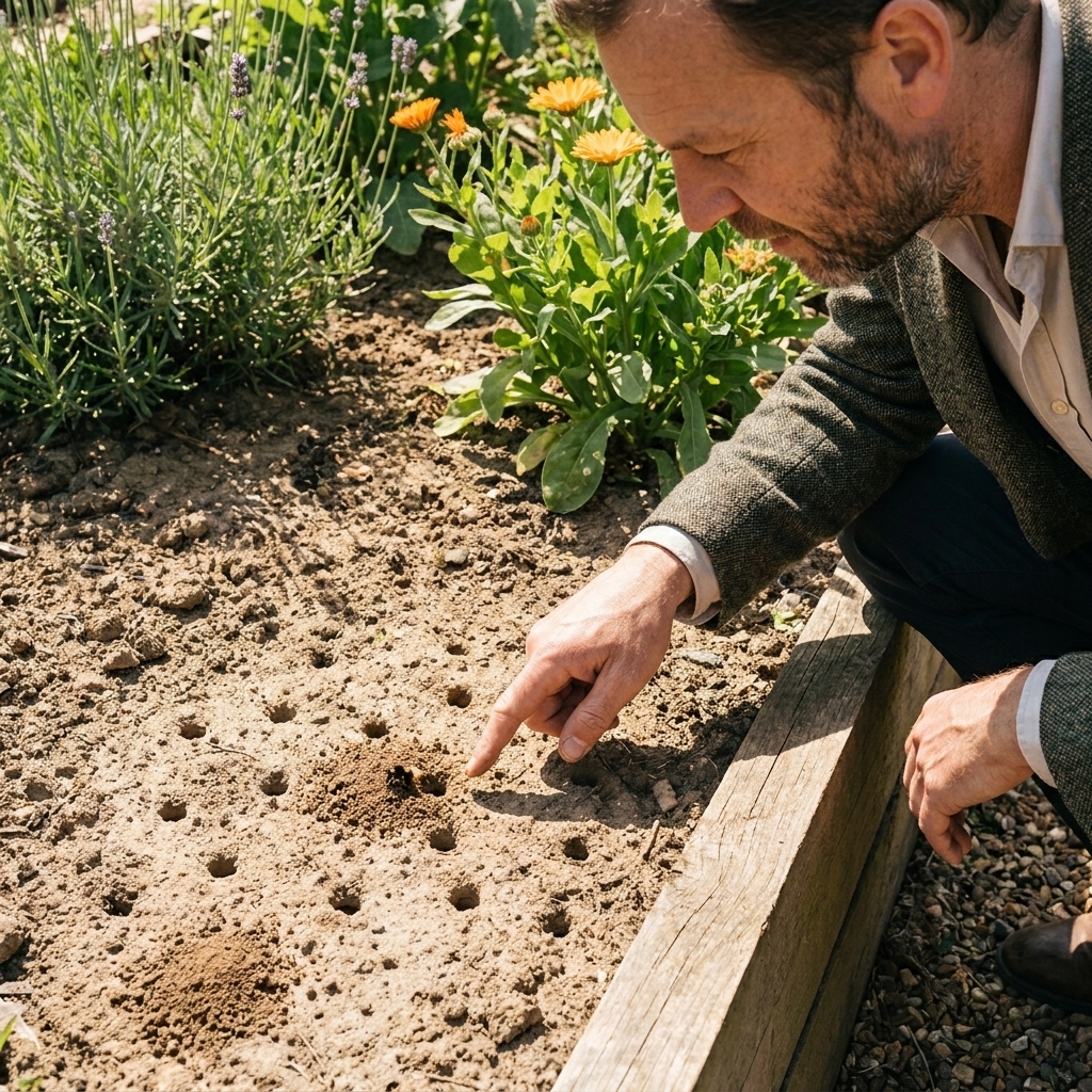 A small sunny patch of bare soil at the edge of a garden bed with tiny ground-nesting bee holes visible