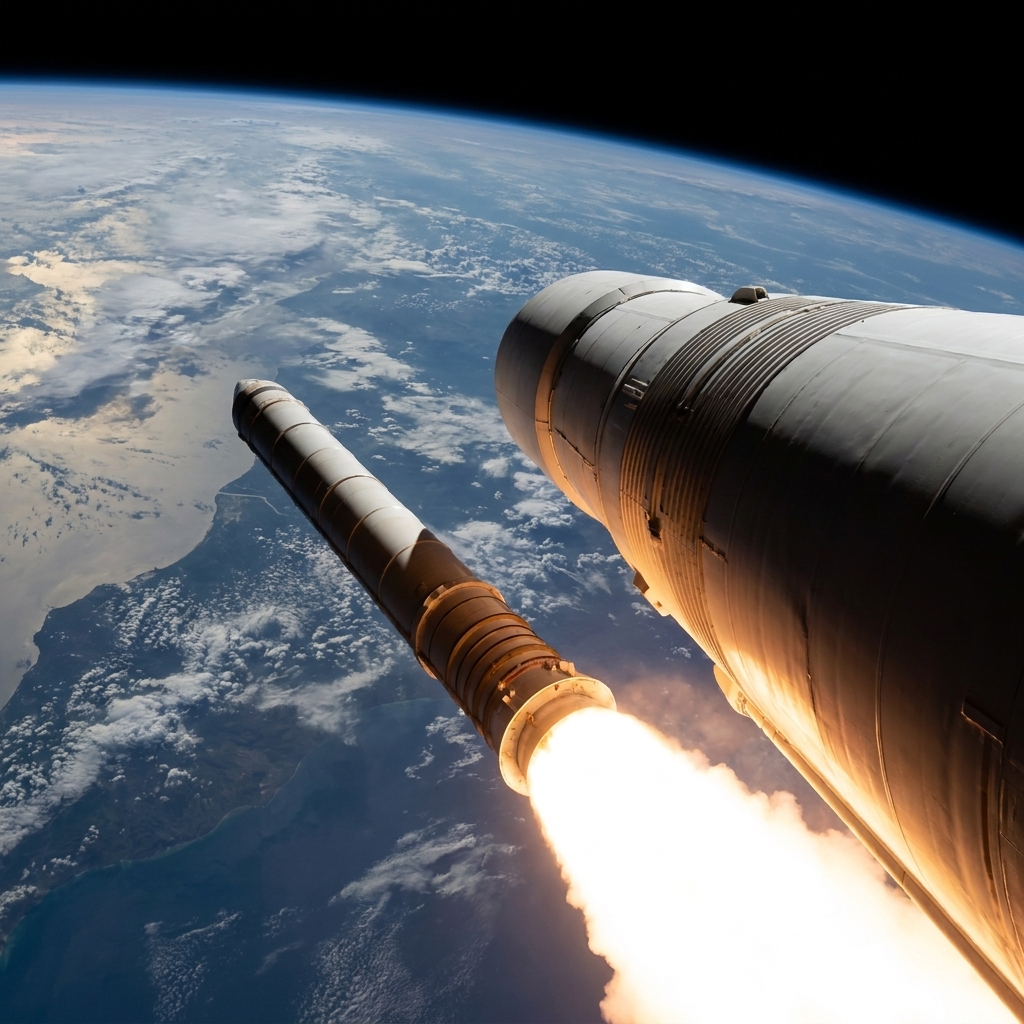 A solid rocket booster separating from a launch vehicle high above Earth with a bright exhaust plume trailing behind