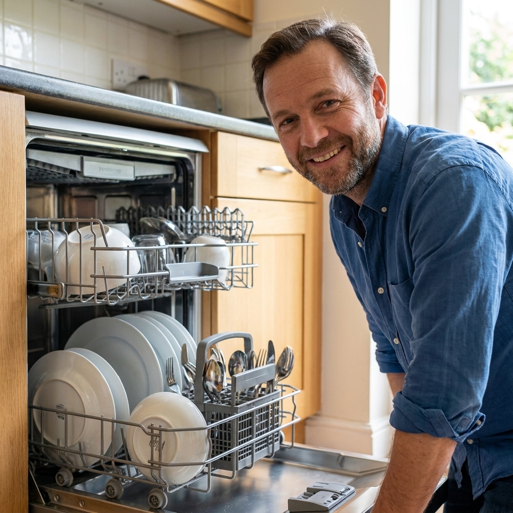 A stainless steel dishwasher partially open in a home kitchen, showing neatly arranged dishes inside