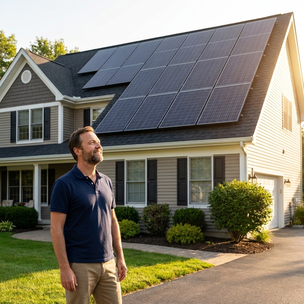 A suburban home with dark solar panels installed on a shingled roof in bright afternoon light