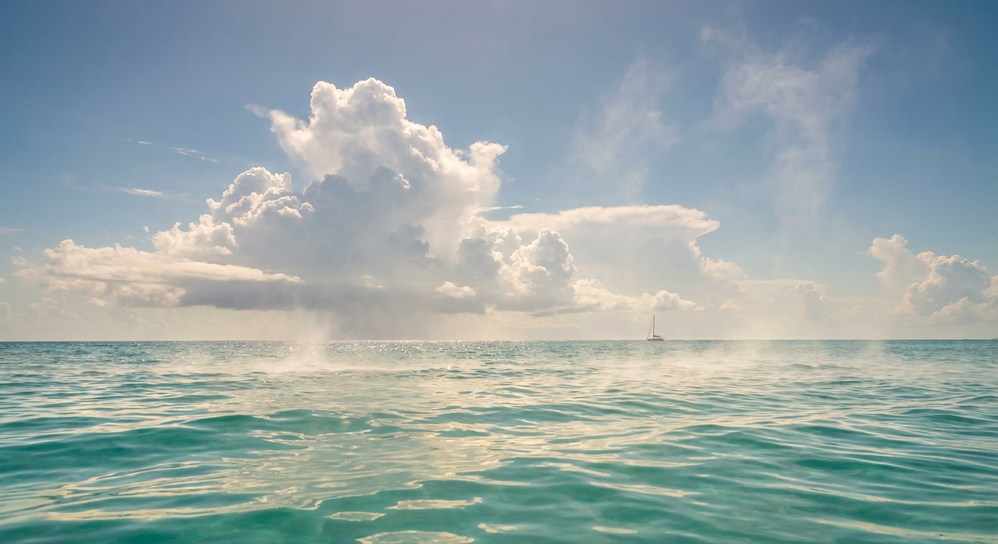 A sunlit tropical ocean surface with puffy cumulus clouds forming above warm water, suggesting active evaporation and rising moist air