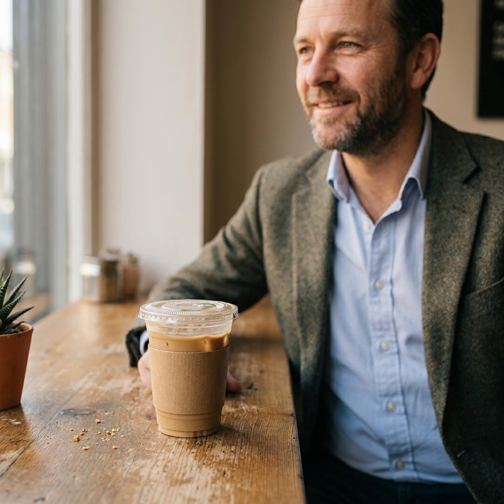 A takeaway drink cup with a clear compostable plastic lid sitting on a café table in natural window light