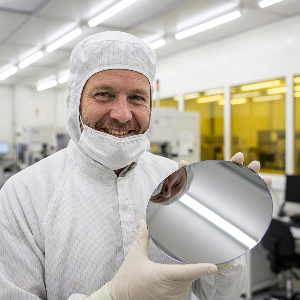 A technician in a cleanroom suit holding a reflective silicon wafer under bright cleanroom lights