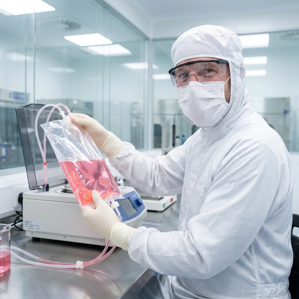 A technician working in a clean laboratory room handling a cell culture bag and tubing set used for therapeutic cell processing