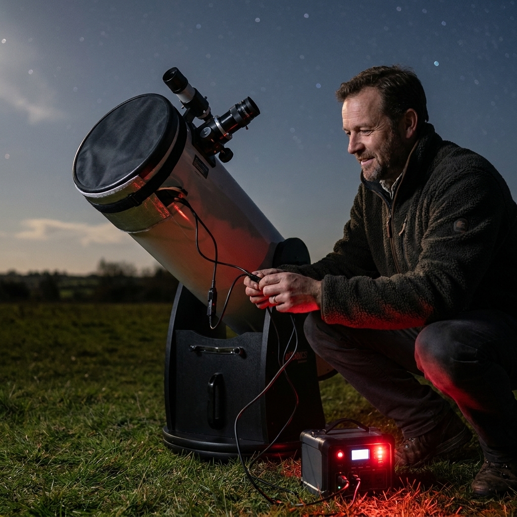 A telescope tube outdoors at night with a dew heater strap wrapped around the front and cables running to a small power supply