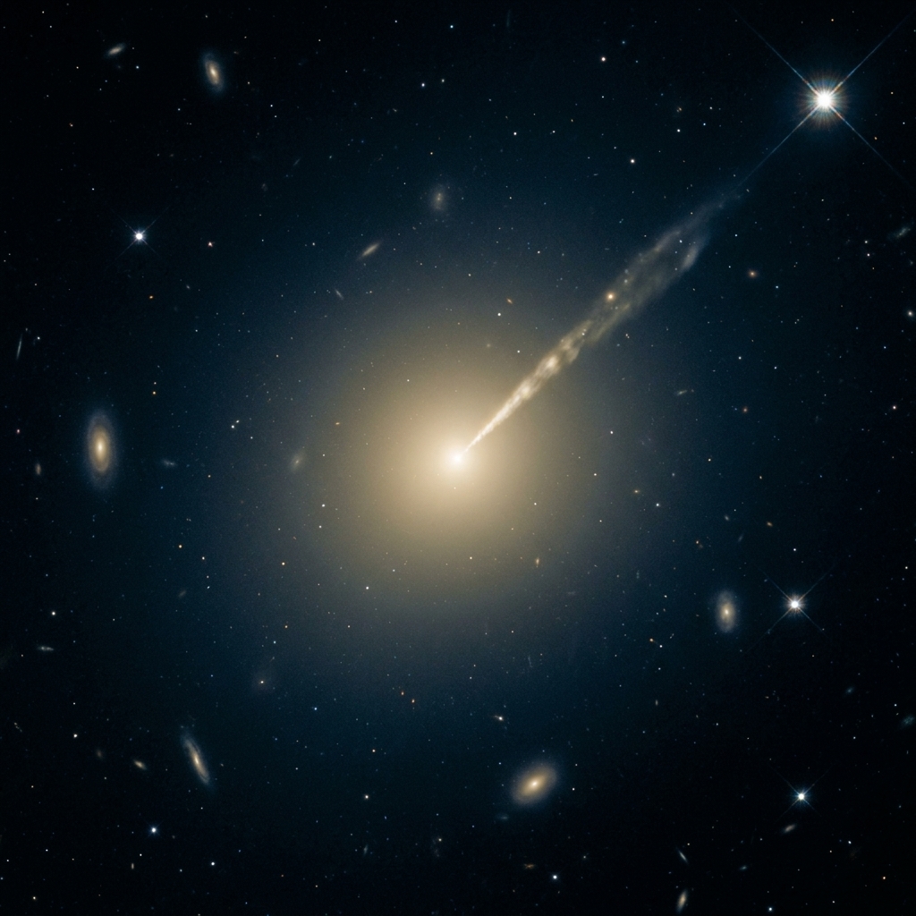 A telescope view of the galaxy Messier 87 with a bright narrow jet extending outward from the central region into space