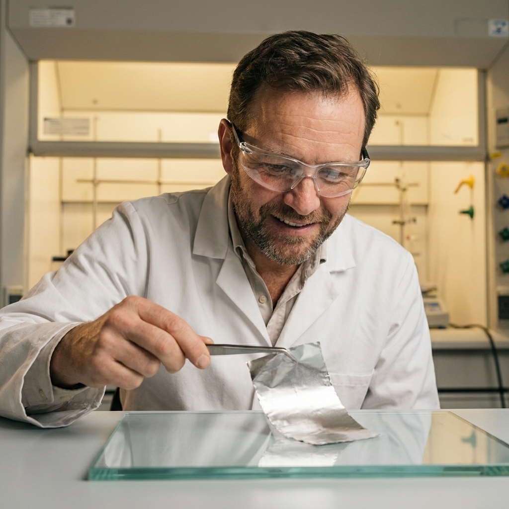 A thin, silvery lithium metal foil being handled with tweezers on a clean lab surface