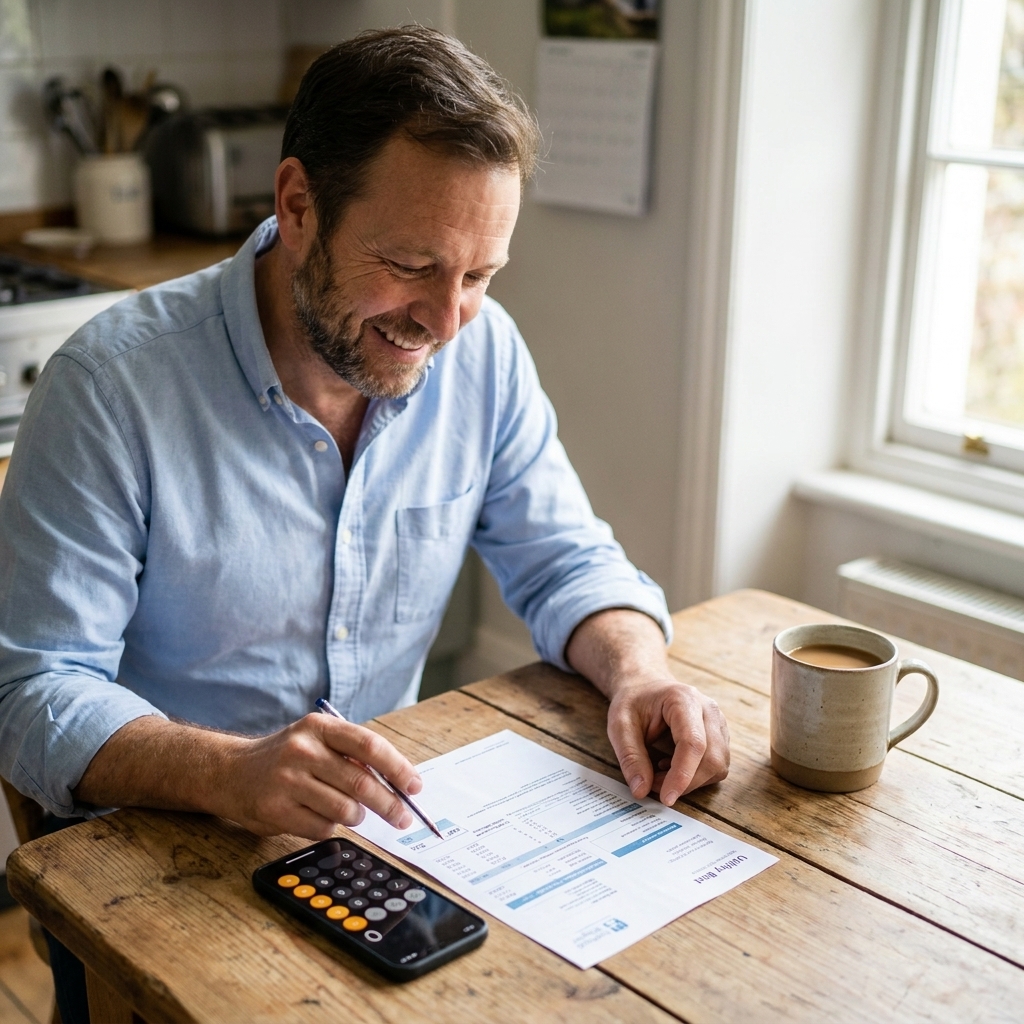 A utility bill and a smartphone calculator sitting on a wooden kitchen table with a mug of coffee nearby