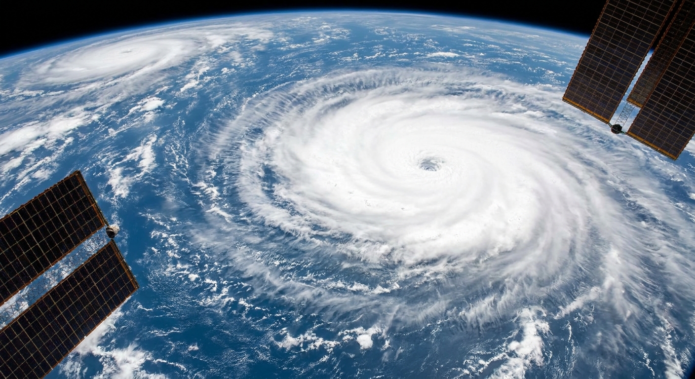 A weather satellite view of a tropical cyclone with bright, dense cloud tops spiraling around a developing center
