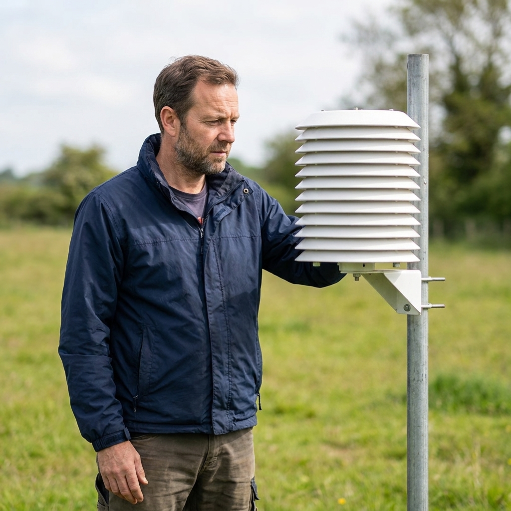 A white louvered radiation shield mounted on a pole, designed to shade and ventilate temperature and humidity sensors.