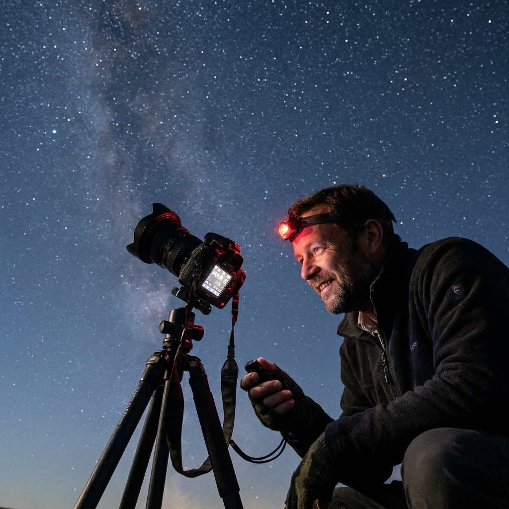 A wide-angle camera lens mounted on a DSLR on a tripod at night, pointed upward toward a starry sky