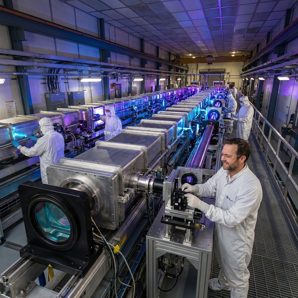 A wide view inside the National Ignition Facility laser bay with long beamline structures and technicians working on equipment