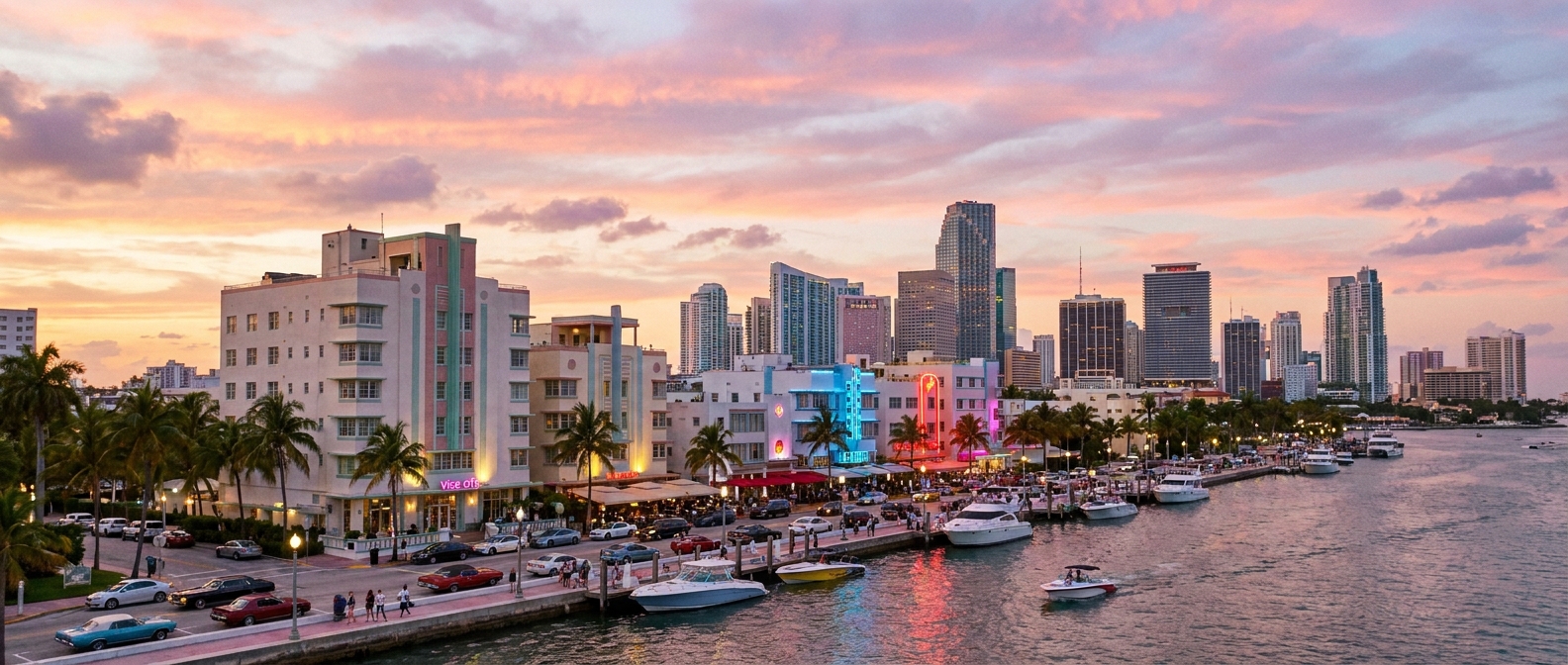 A wide view of the Vice City skyline at sunset with pastel clouds, high rise buildings, and a busy waterfront in the foreground.
