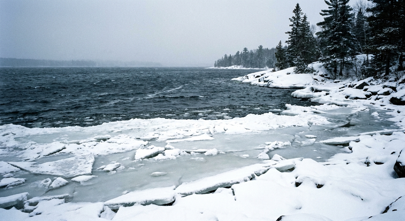 A winter photograph of a lake with a sheet of ice near the shoreline, snow along the edge, and dark liquid water visible farther out