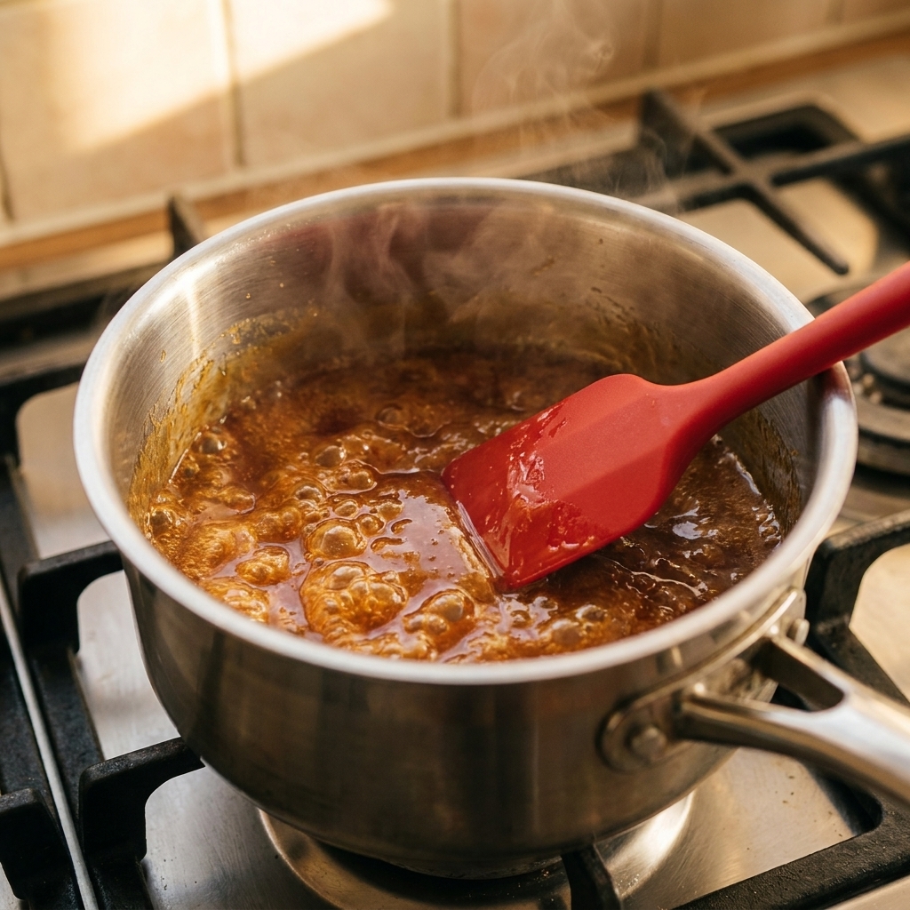Amber caramel bubbling in a stainless steel saucepan on a stove, with a silicone spatula and gentle steam