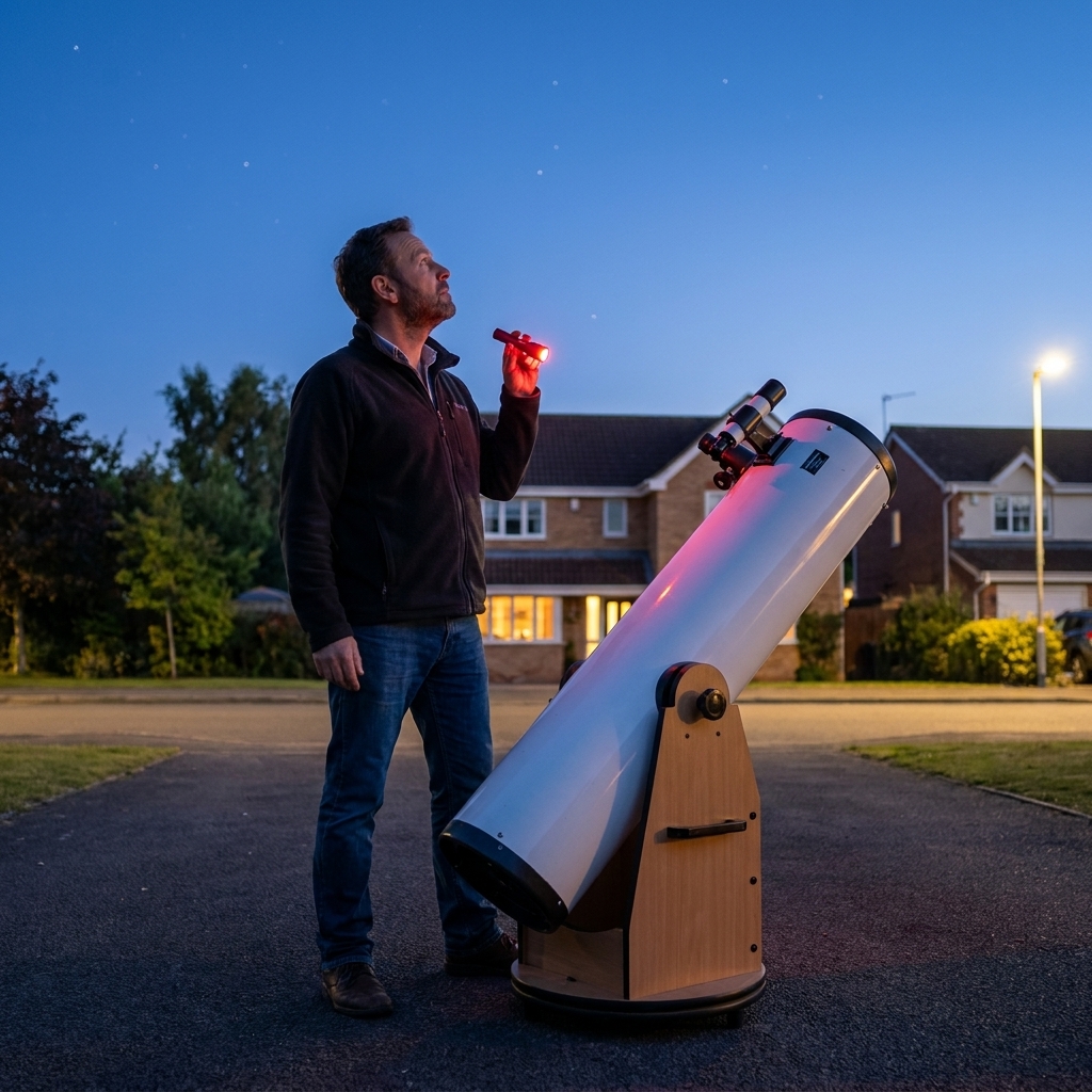 An 8-inch Dobsonian telescope set up on a driveway at dusk with a person standing beside it, ready for stargazing