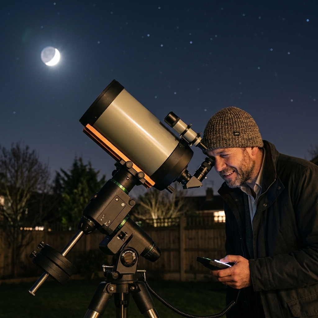 An 8-inch Schmidt-Cassegrain telescope on a GoTo mount in a backyard, aimed at the Moon on a clear night