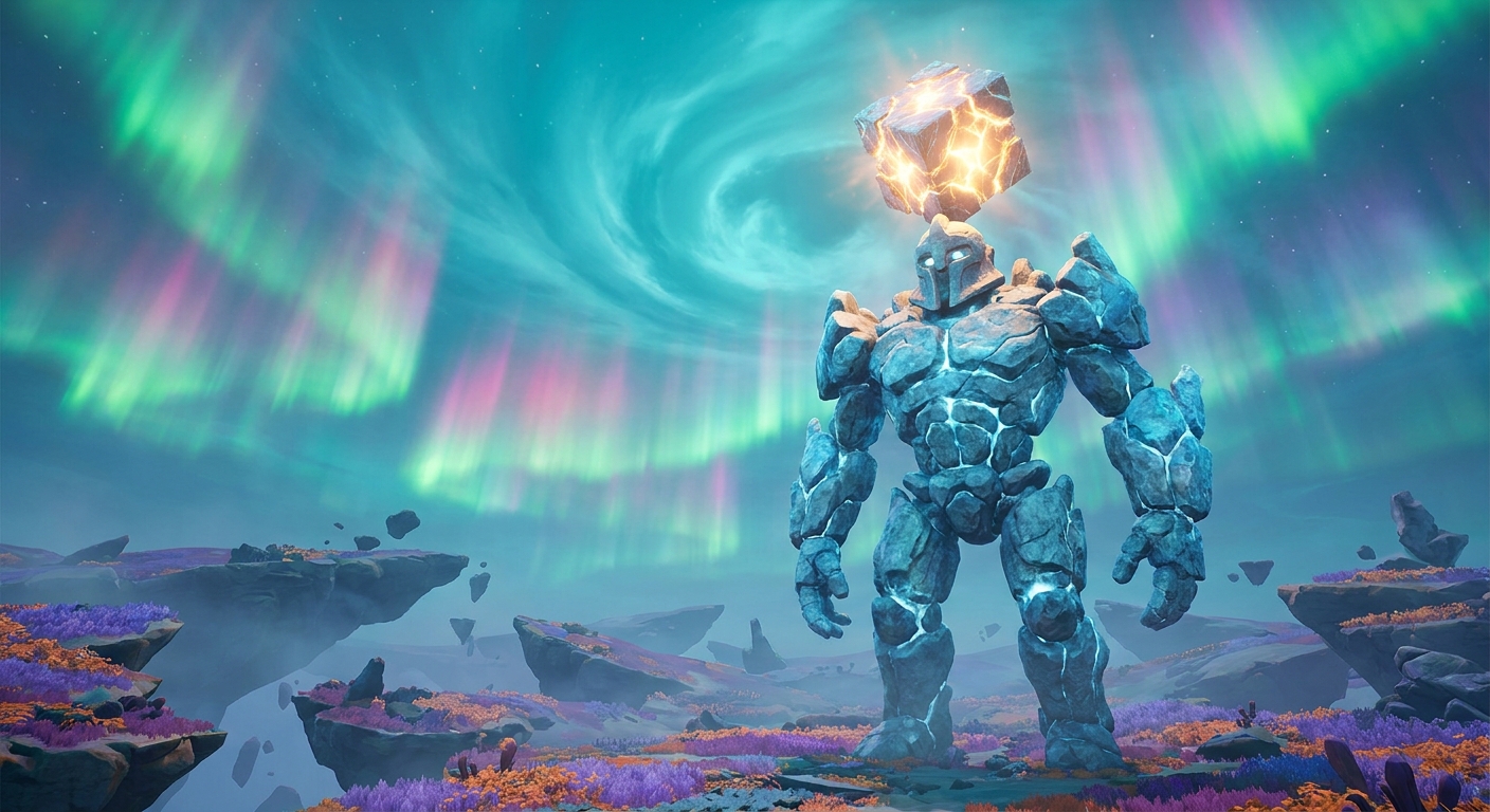 An Echo Golem standing in a strange dimension landscape with a bright block perched on its head, under a turquoise sky with a colorful aurora