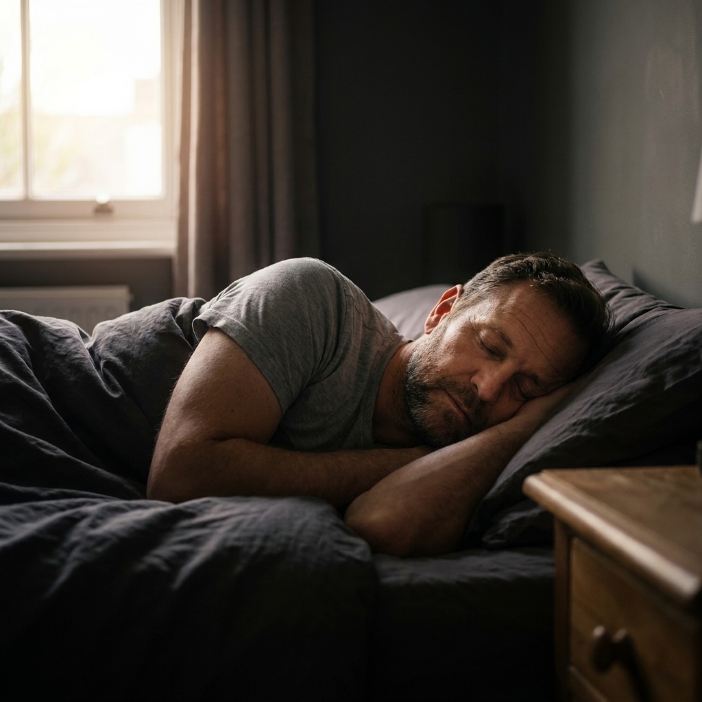 An adult sleeping peacefully in a dark, quiet bedroom with soft morning light coming through a window