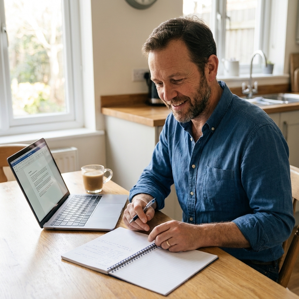 An adult studying at a kitchen table with a notebook and laptop, morning light coming through a window