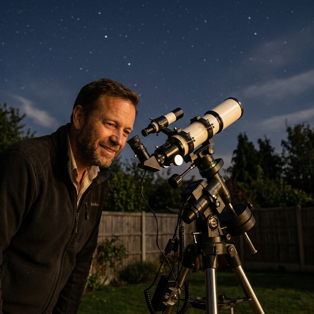 An equatorial mount with a small refractor telescope and guide scope attached, set up on a tripod in a backyard under a dark sky