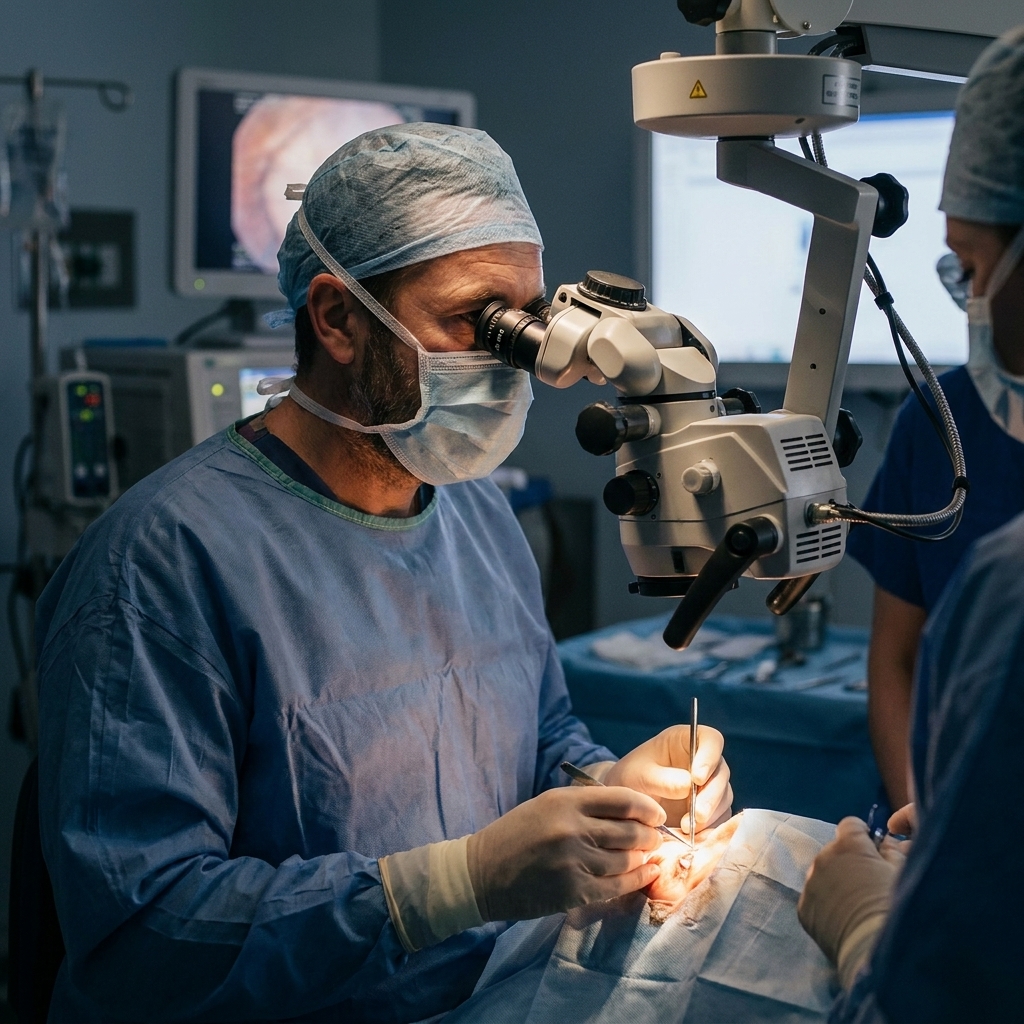 An ophthalmologist performing an eye procedure under a surgical microscope in an operating room