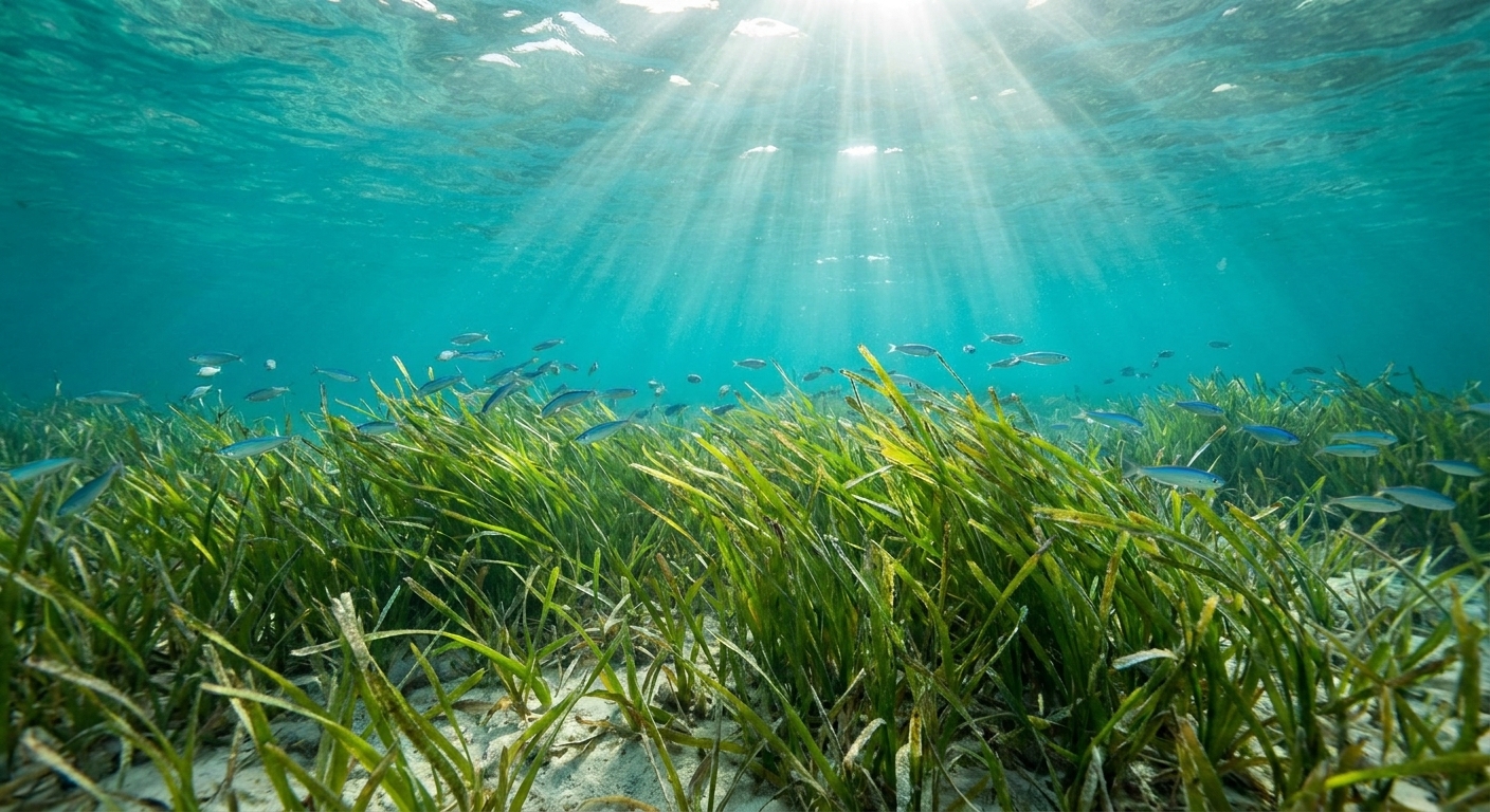 An underwater photograph of a dense seagrass meadow with sunlight streaming through shallow clear water, with small fish swimming above the blades