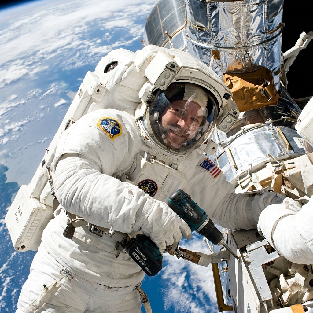Astronauts in bulky white spacesuits working near the Hubble Space Telescope during a servicing mission, with Earth curving below them