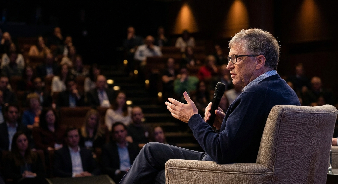 Bill Gates seated in a chair during an onstage interview, holding a handheld microphone, with a dark auditorium background