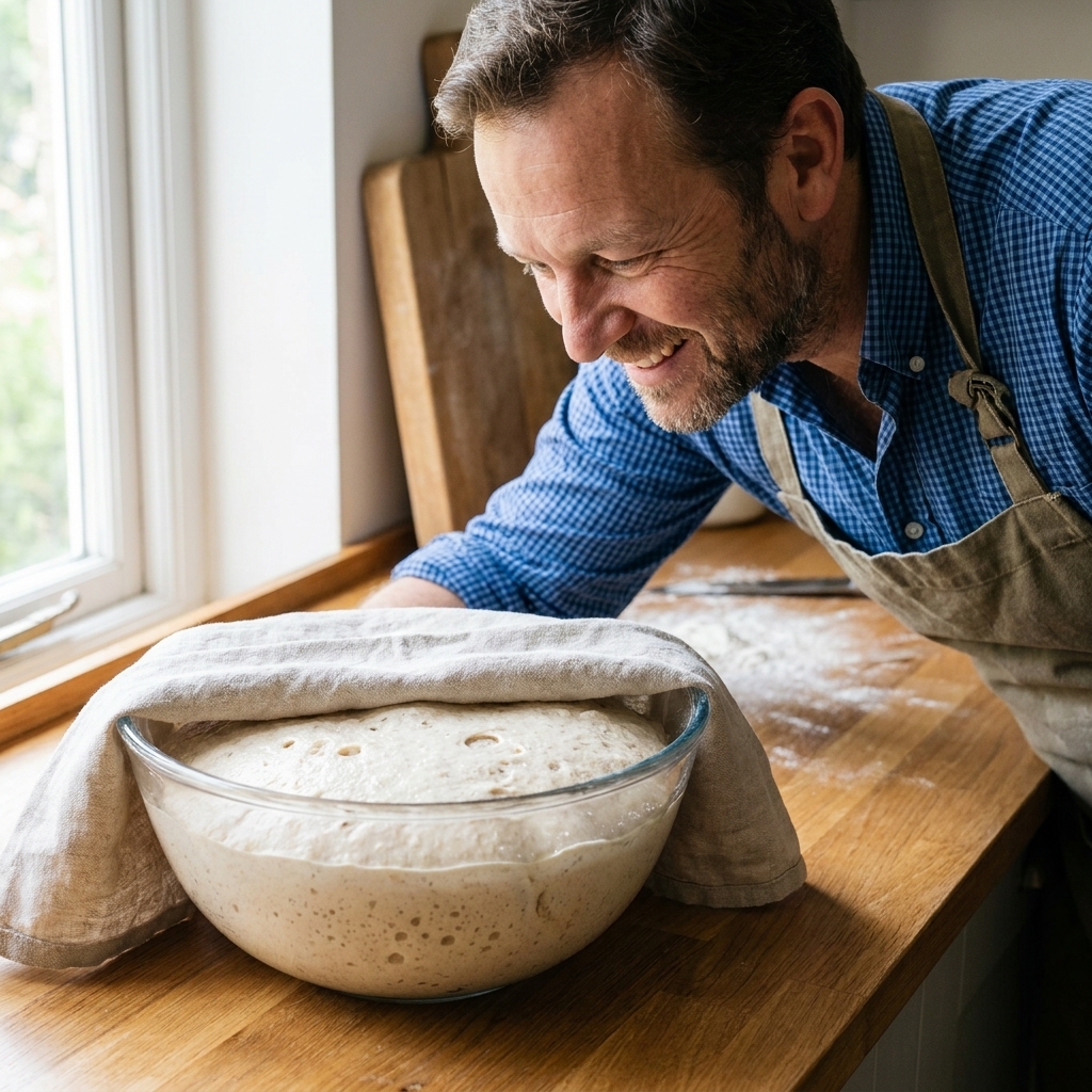 Bread dough rising in a glass bowl on a kitchen counter, lightly covered with a cloth, with small air bubbles visible