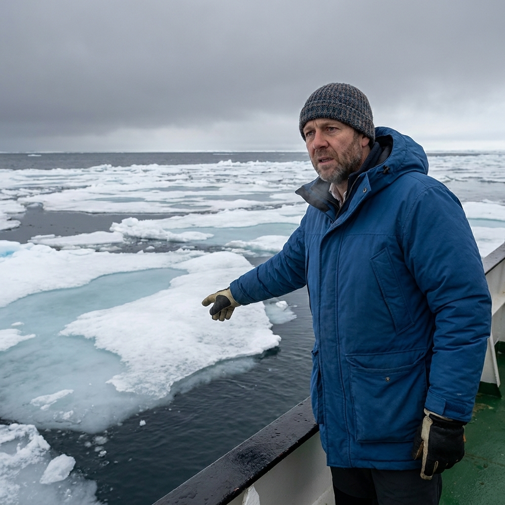 Broken Arctic sea ice floating in open water under a low gray sky, illustrating thinning and melt