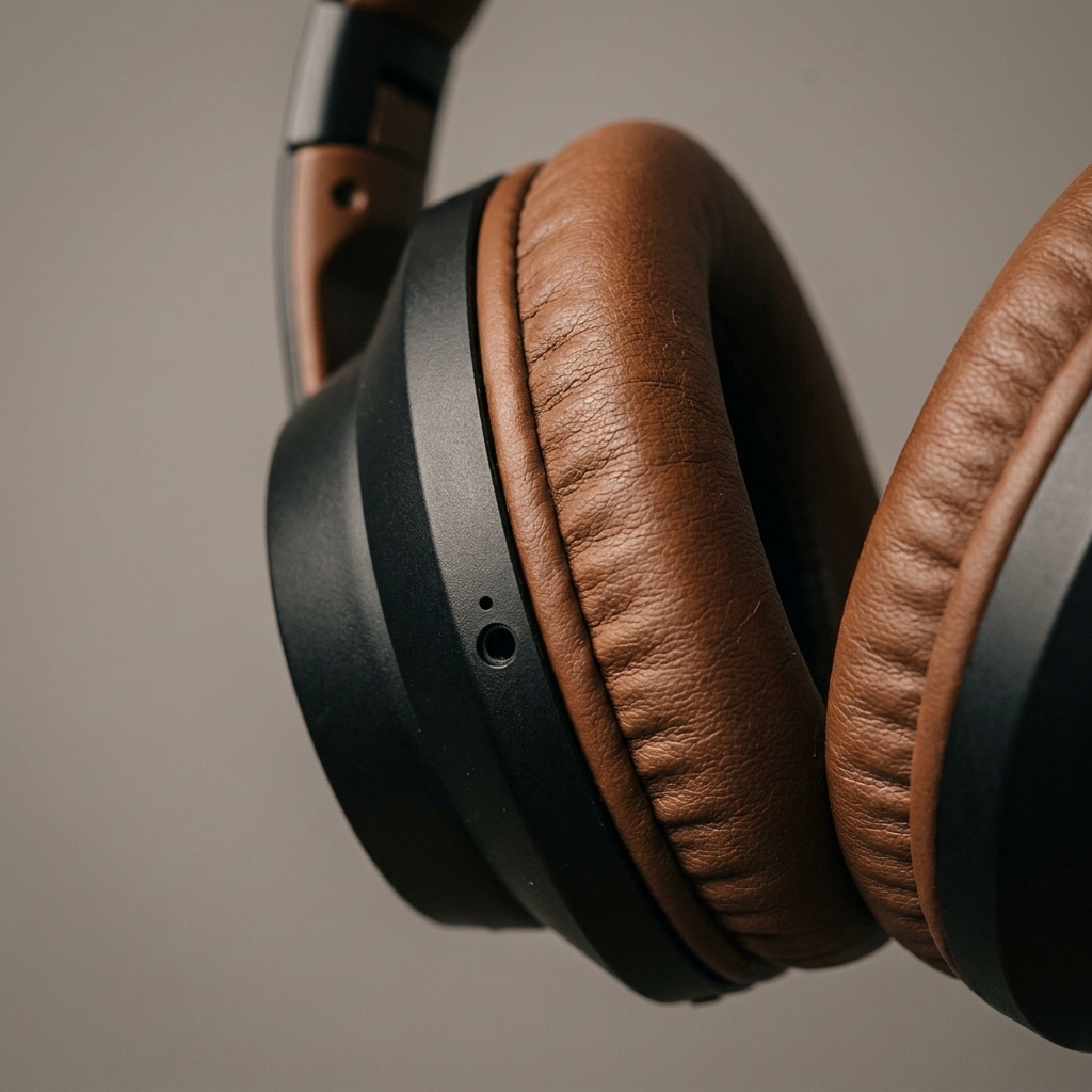 Close-up of an over-ear headphone ear cup with a small microphone port.