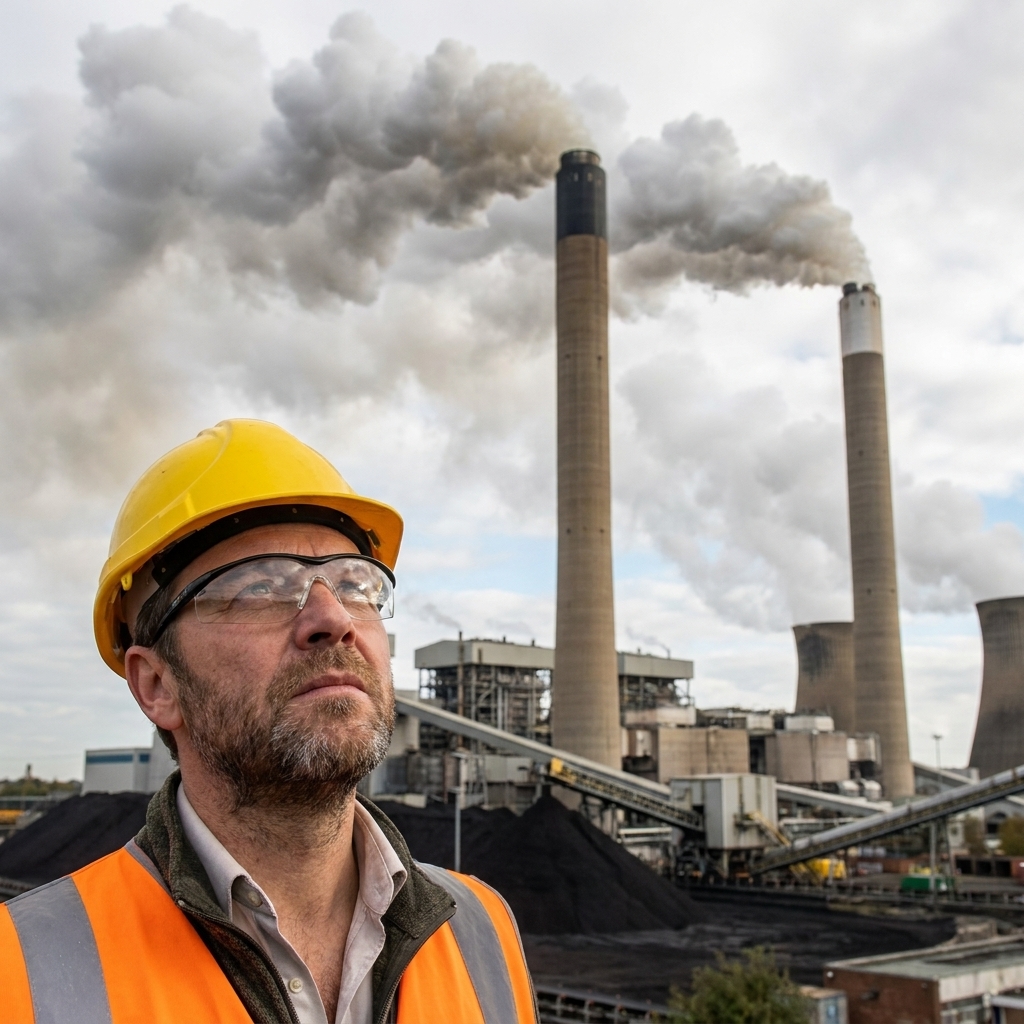 Coal-fired power plant smokestacks releasing emissions above an industrial complex
