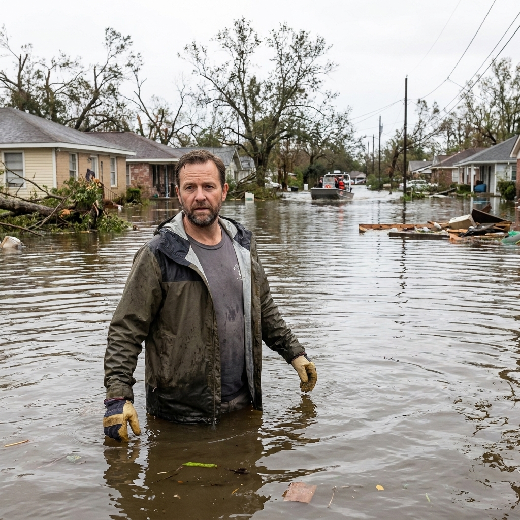 Coastal flooding with partially submerged houses and debris after a major hurricane in a residential neighborhood near New Orleans