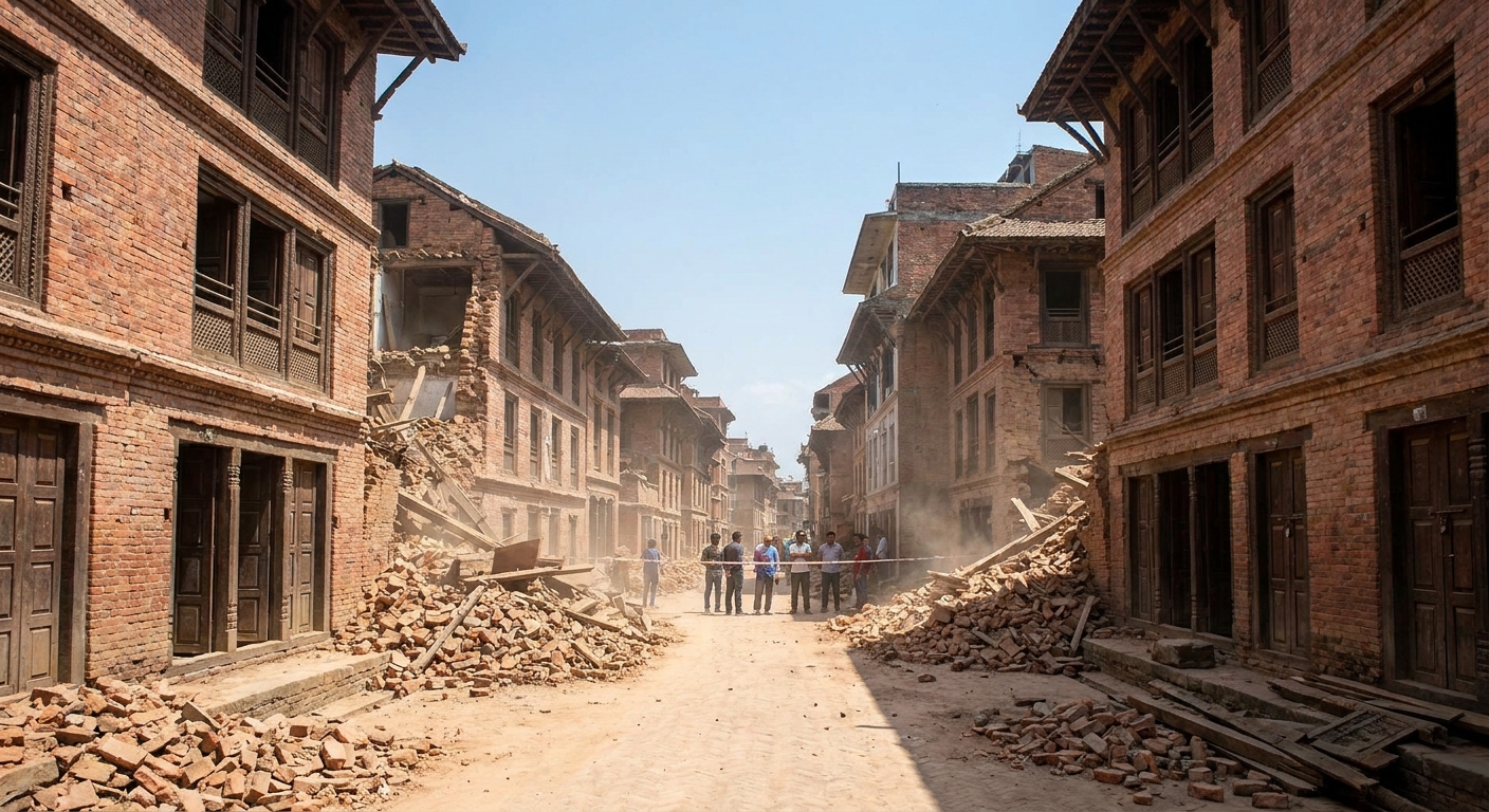 Damaged brick buildings and rubble lining a street in Kathmandu, Nepal, with people standing at a distance in daylight
