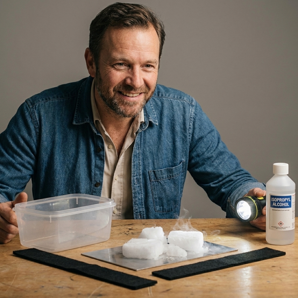 Dry ice chunks beside a clear plastic container, a small metal plate, a bottle of isopropyl alcohol, a felt strip, and a bright flashlight laid out on a work surface