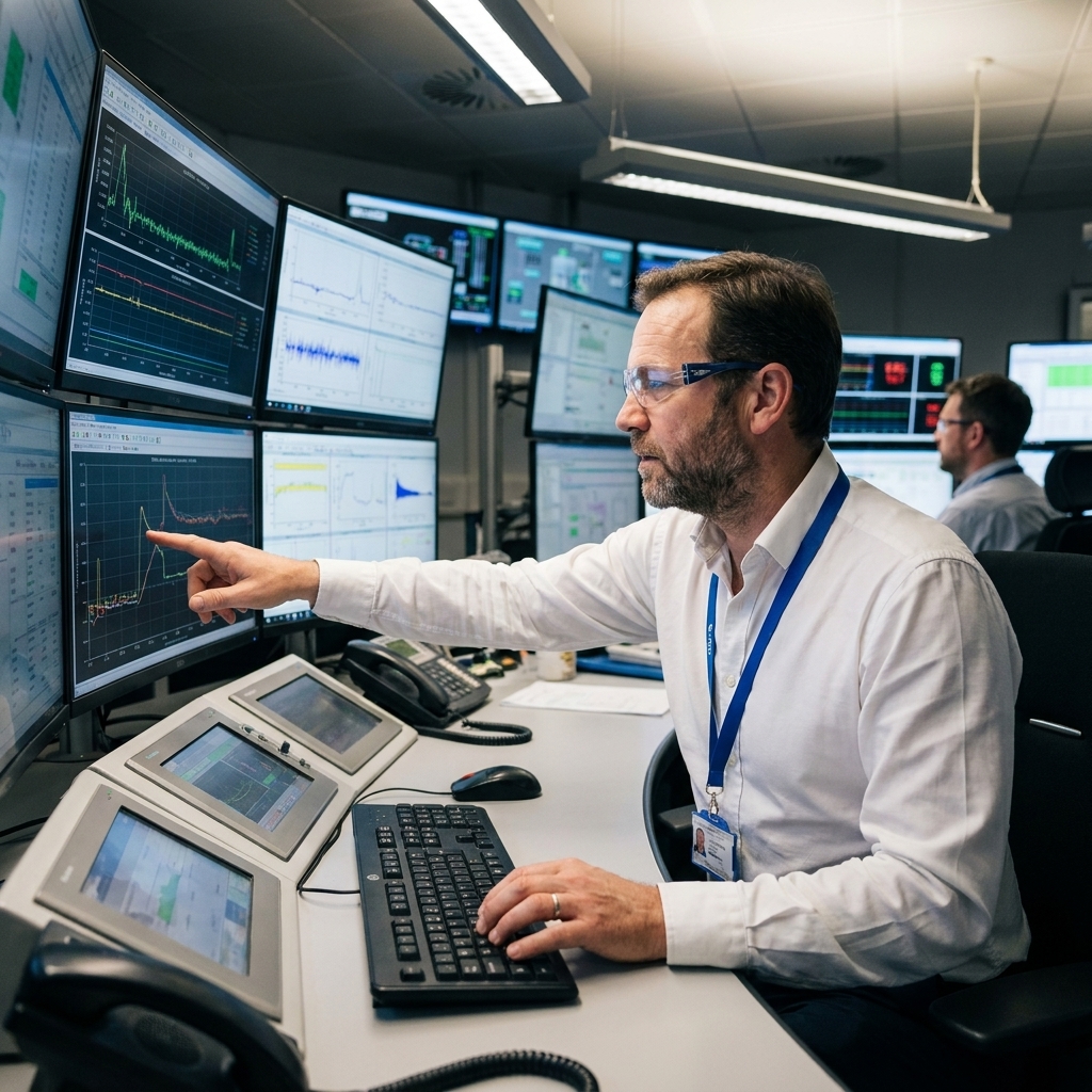 Engineers monitoring instruments and displays inside a modern nuclear reactor control room