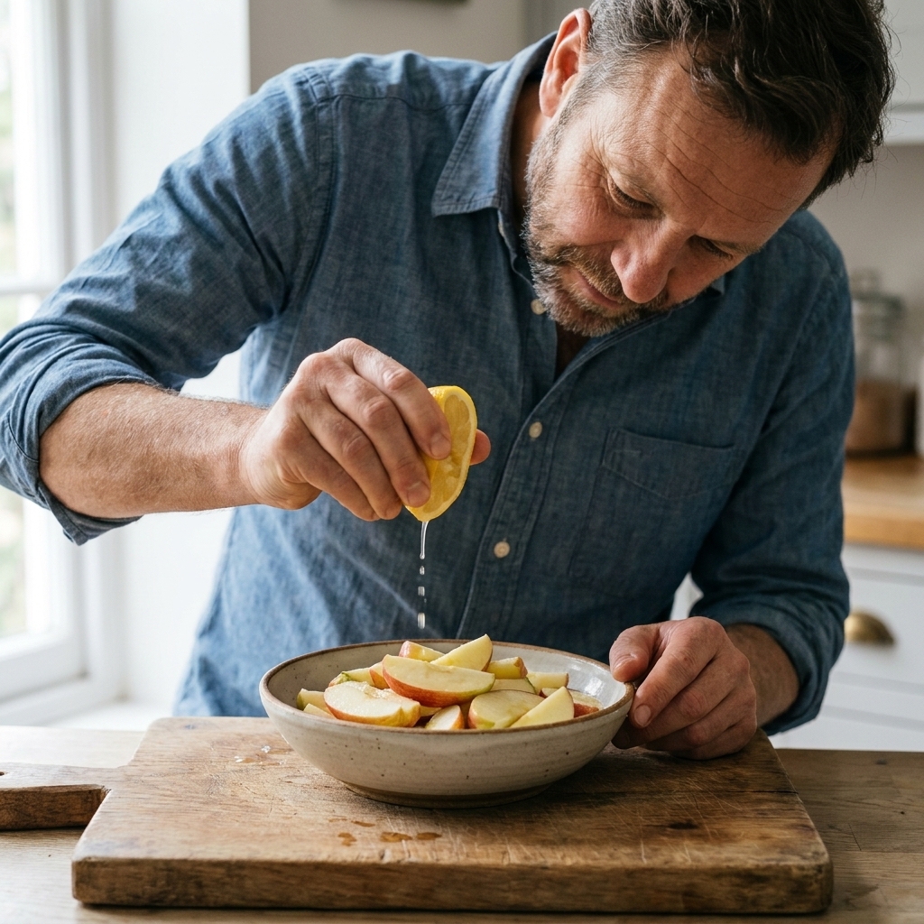 Freshly sliced apples in a bowl while lemon juice is squeezed over them on a wooden cutting board