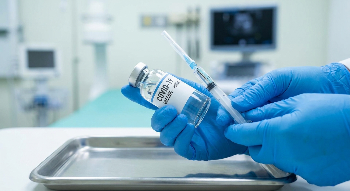 Gloved hands holding a vaccine vial and a syringe in a clinical setting, with the background softly out of focus