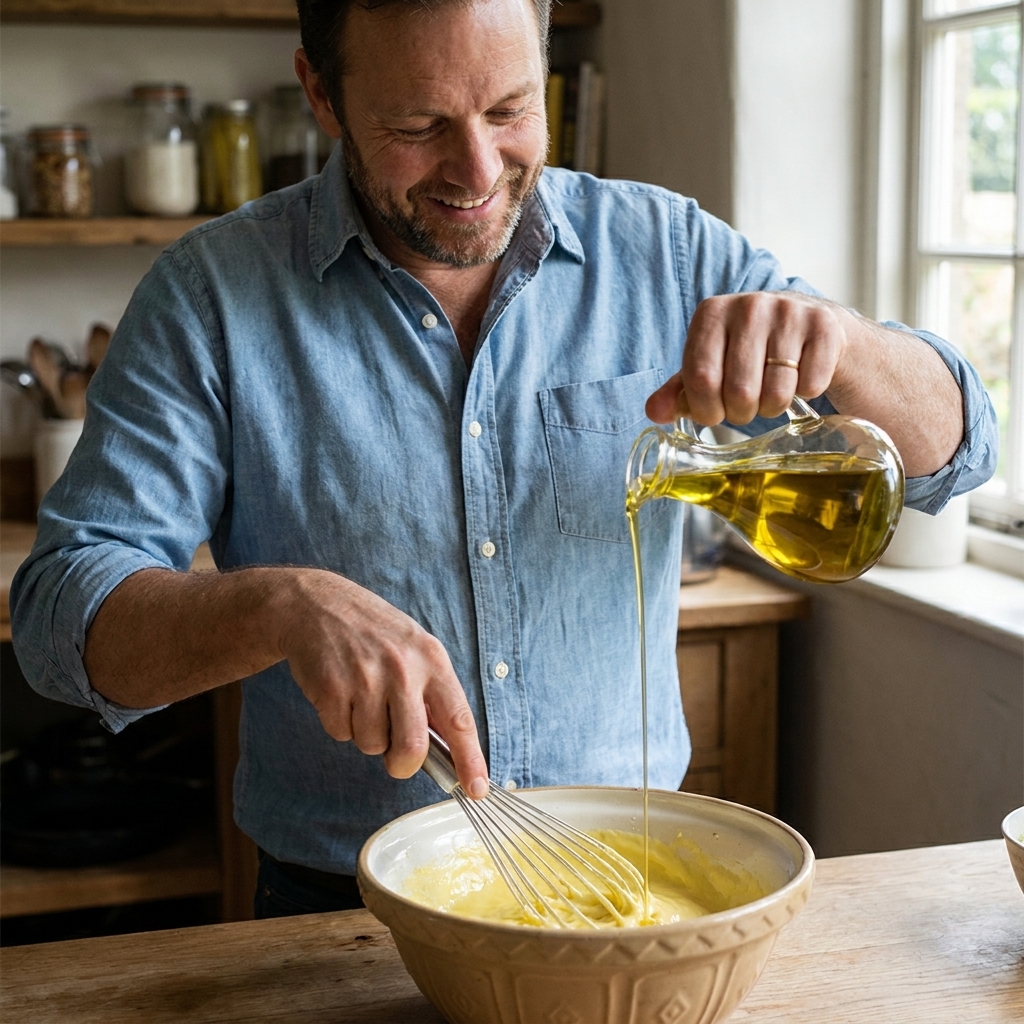 Hands whisking mayonnaise in a ceramic bowl while a thin stream of oil is poured in