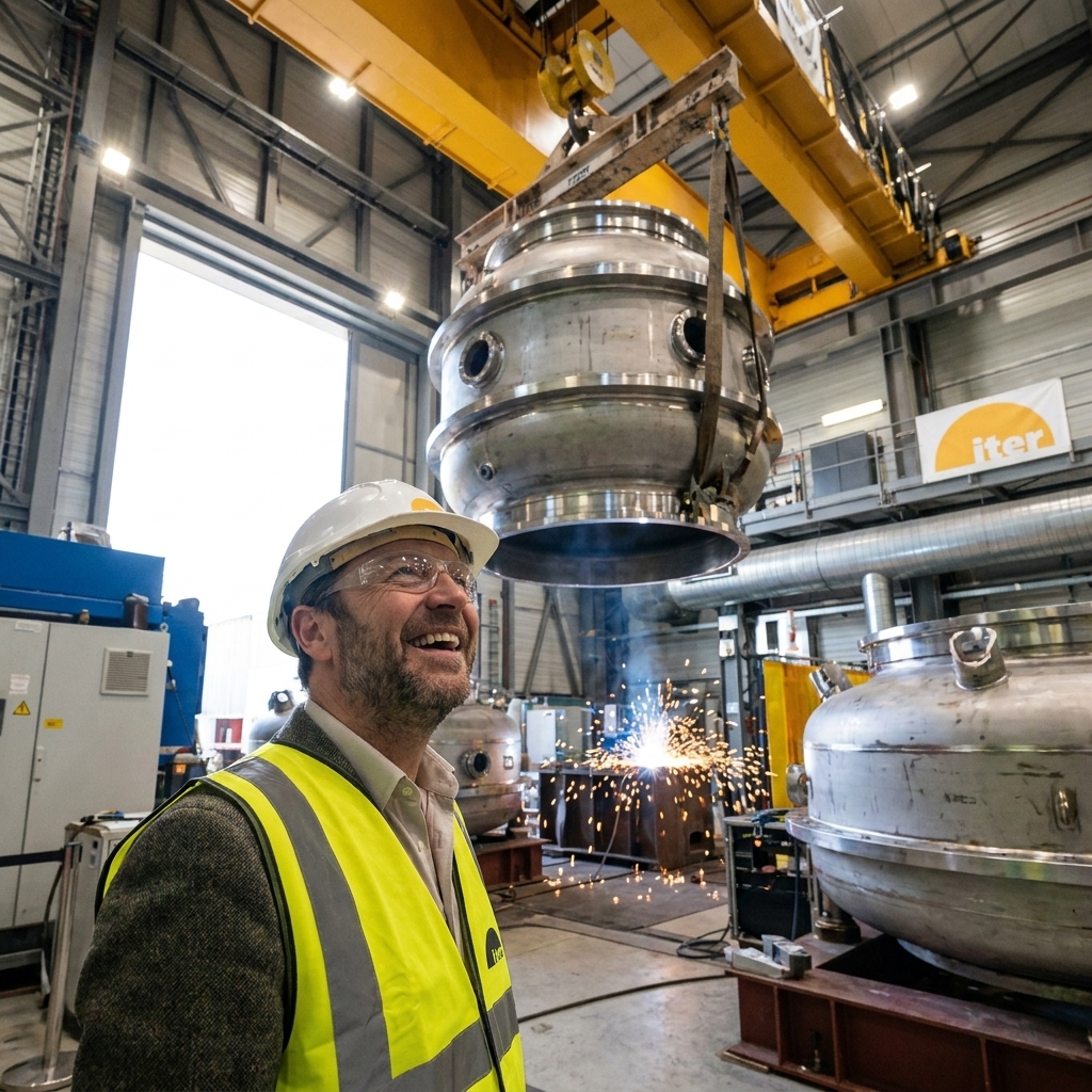 Large vacuum vessel components and cranes inside the ITER tokamak construction site in France