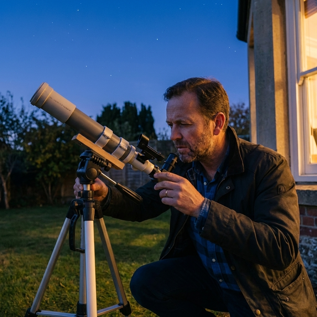 Leo Vance adjusting a homemade telescope on a tripod in a backyard at dusk, with a clear sky beginning to show stars