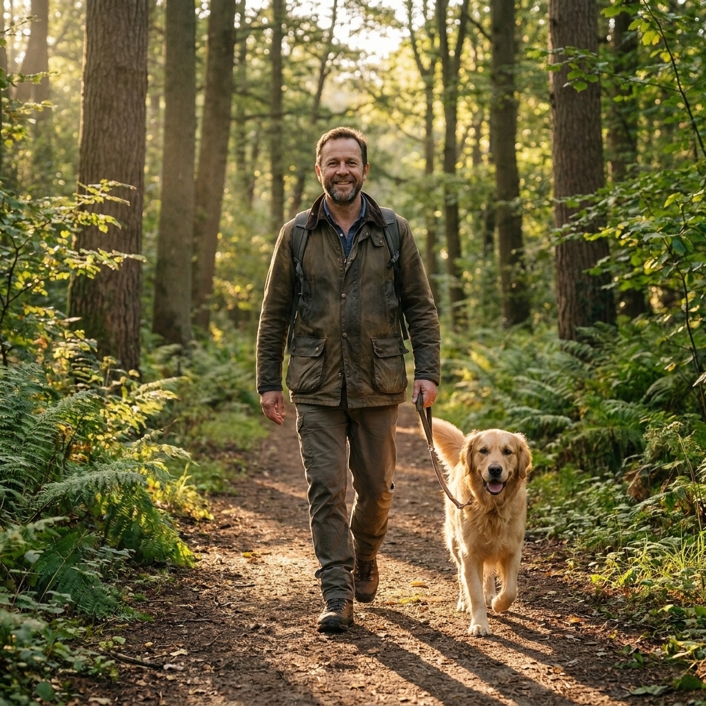 Leo Vance hiking on a forest trail with his golden retriever Quark walking beside him, morning light filtering through trees