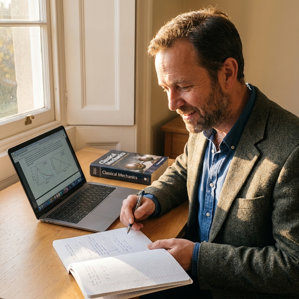 Leo Vance sitting at a wooden desk with a notebook and a laptop, a physics textbook nearby, warm afternoon light coming through a window
