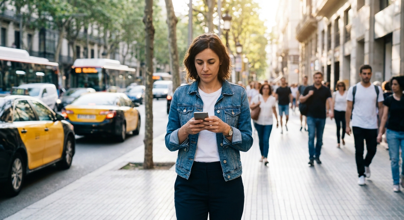 Lucia stands on a sunlit street in modern casual clothing, her expression focused as traffic and pedestrians move behind her.
