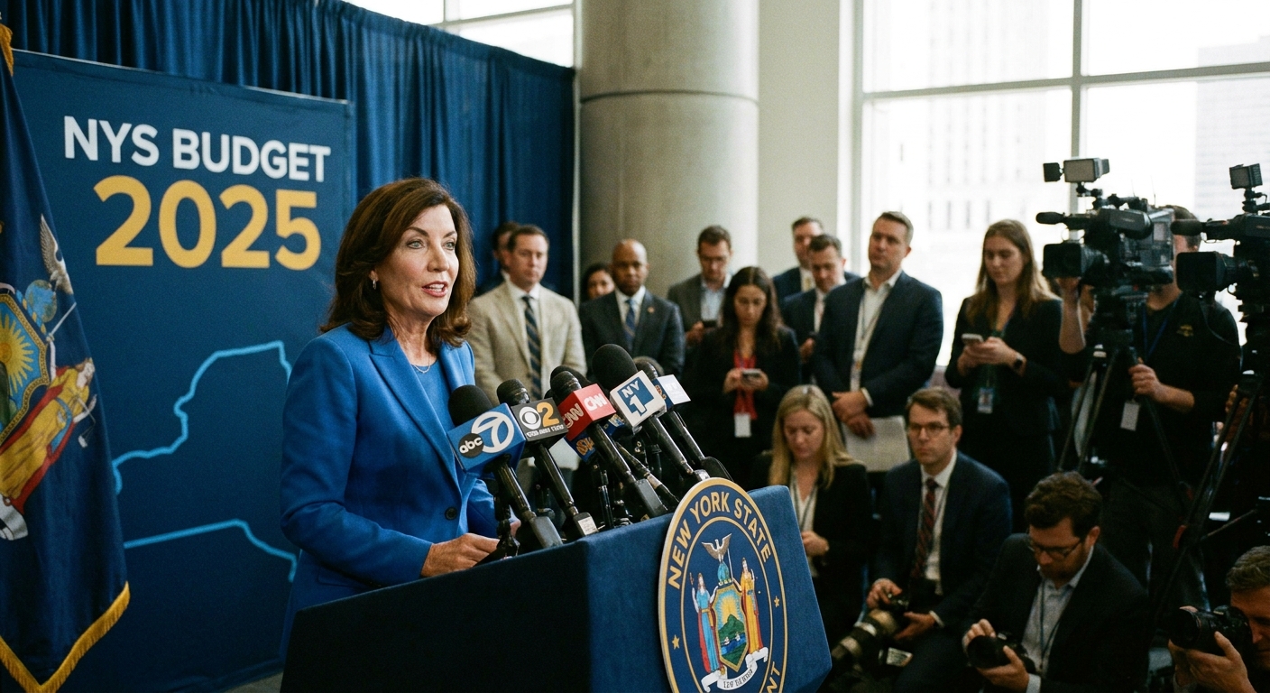 New York Governor Kathy Hochul speaking at a podium during an indoor press conference, with microphones in front of her
