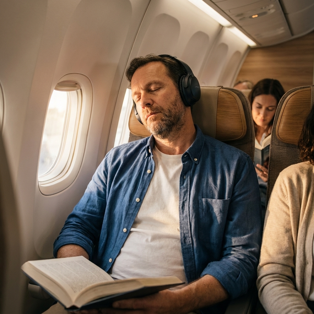 Passengers in an airplane cabin wearing over-ear headphones while reading and resting.