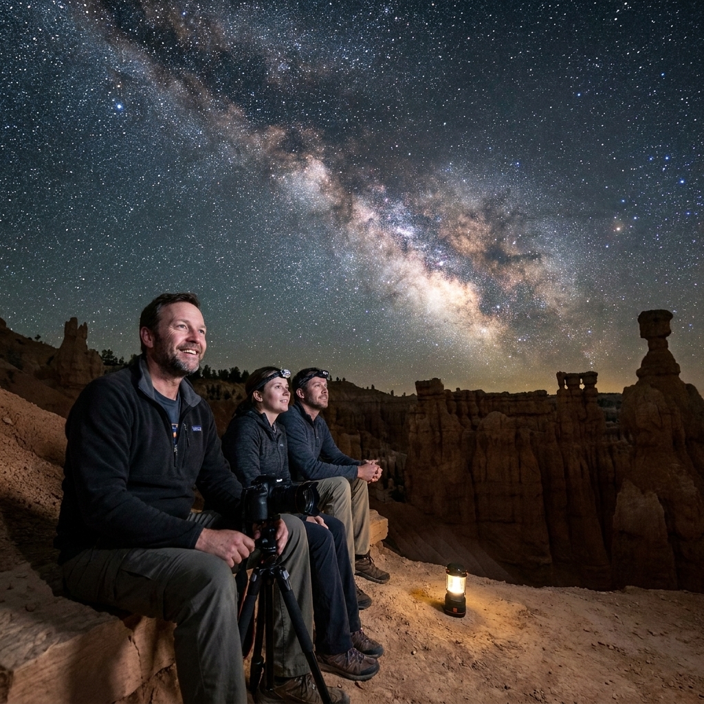 People sitting on a rocky overlook at Bryce Canyon National Park watching the Milky Way above hoodoo formations
