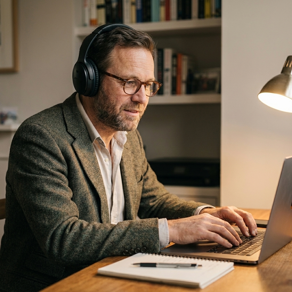 Person wearing over-ear noise-canceling headphones and eyeglasses while sitting at a desk.