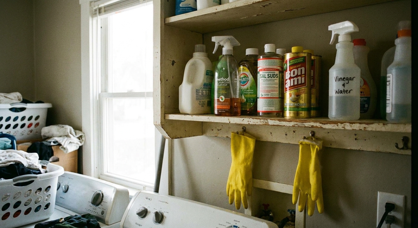 Several household cleaning bottles and a pair of rubber gloves on a laundry room shelf, natural indoor lighting